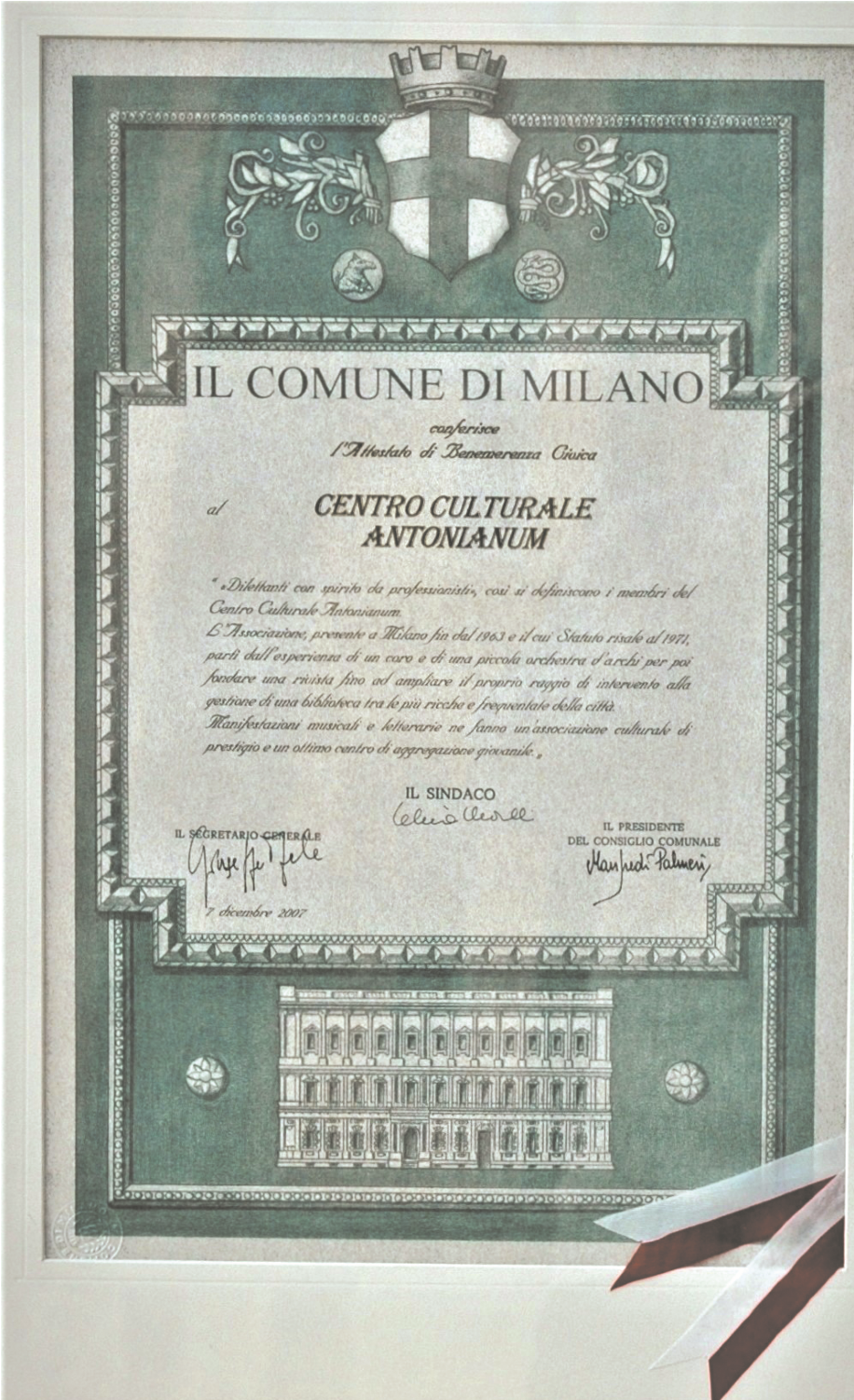 Attestato di Civica Benemerenza conferito dal Comune di Milano al Centro Culturale Antonianum